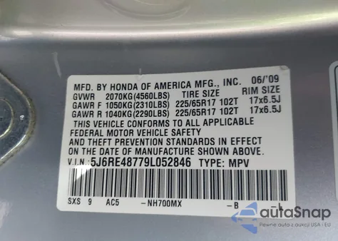 2009 Honda Cr-V Ex-L из США, поврежденный, VIN 5J6RE48779L052846